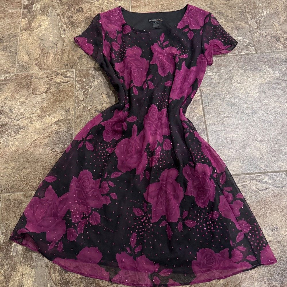 90's Social Circles Dress 10P Black‎ Purple Floral Sheer Short Sleeve Glitter